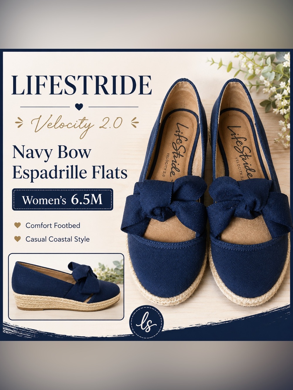 Life Stride Navy Bow Espadrille Flats - Women's 6.5